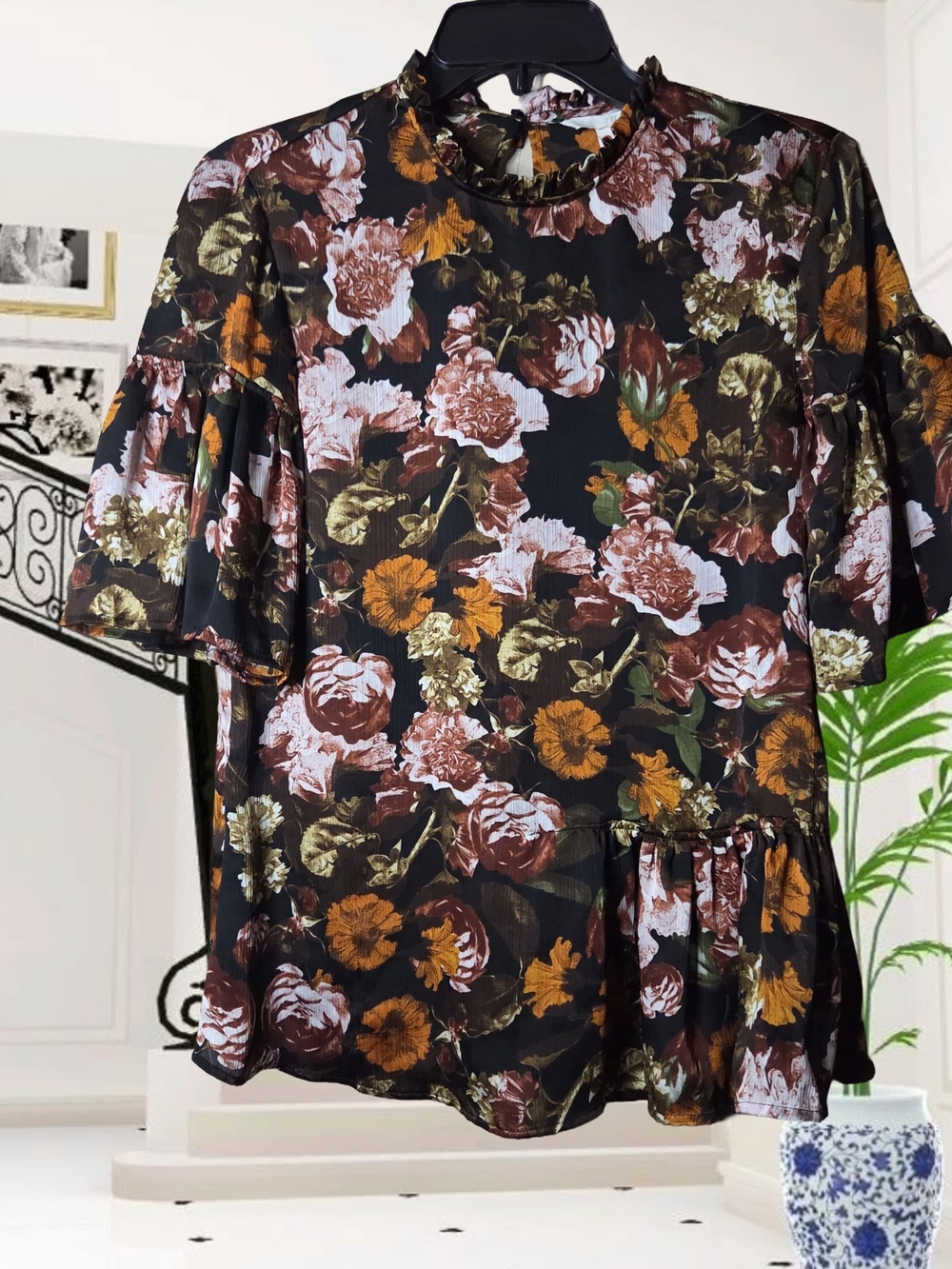 H&M Black Floral Ruffle Sleeve Tunic with Brown & Mustard Blooms